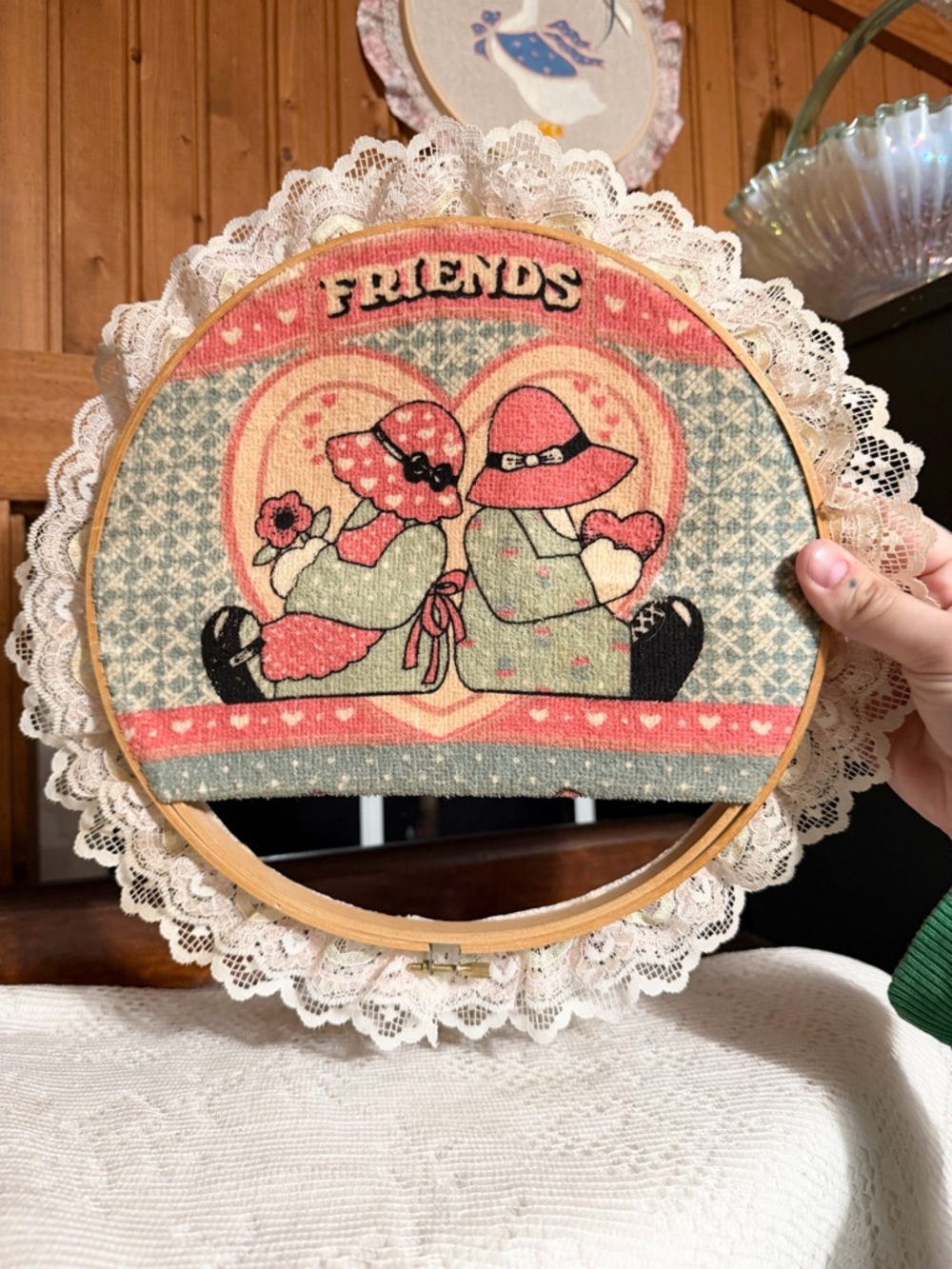 Friends Heart Embroidery Hoop Wall Art - Pink & Green